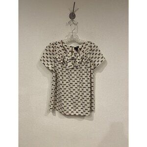 J.Crew Blouse Womens 2 White Bow Print Short Sleeve Bow Neck Top Blouse